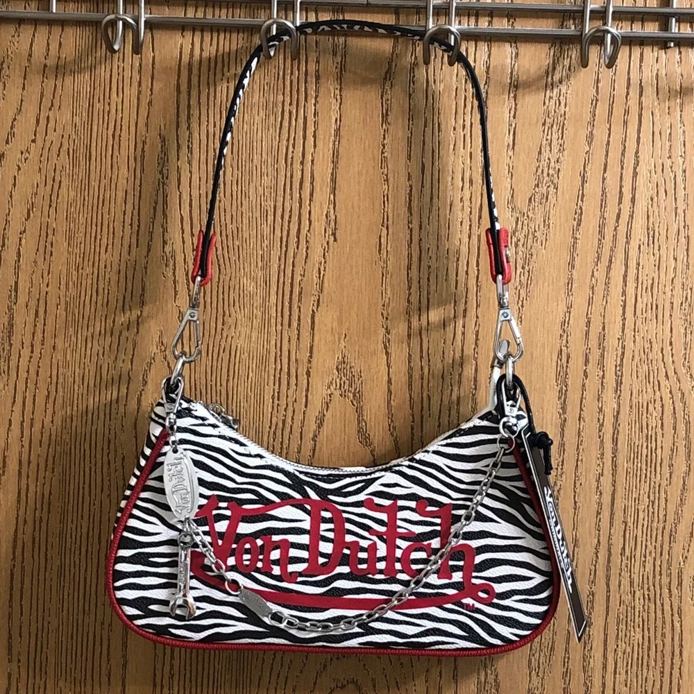 Von Dutch Zebra Print Shoulder Bag Red Trim & Logo Silver Chain + Wrench NWT